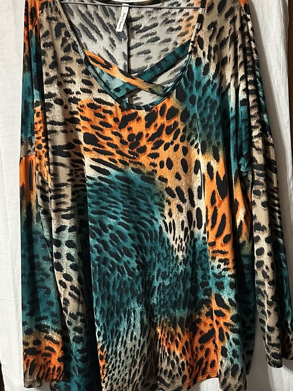 Now & Forever Teal, Orange & Beige Animal-Print Crisscross Long Sleeve Top